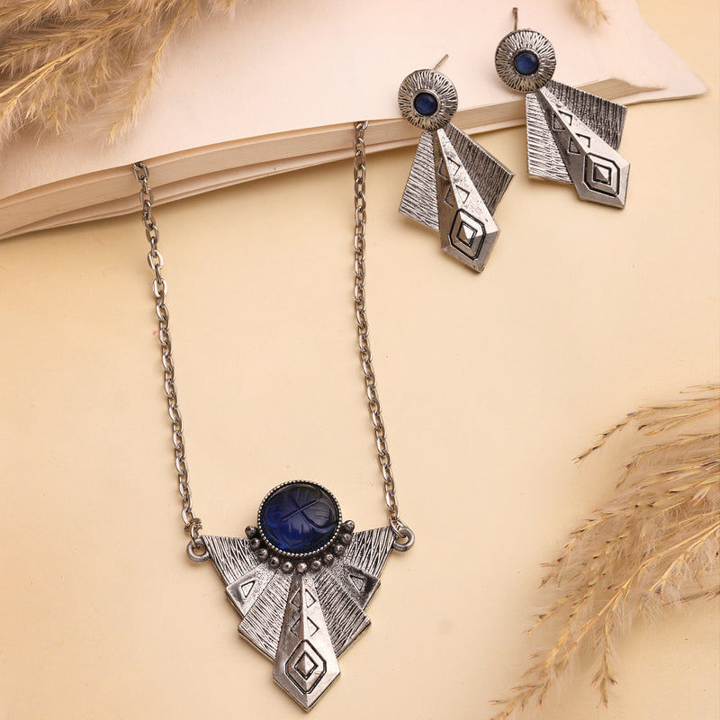 Oxidised Silver Toned Blue Stone Studded Engraved Style Boho Style Jewellery Set