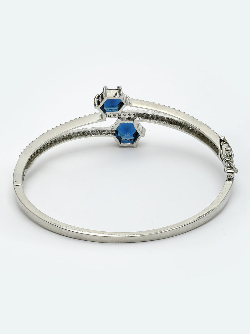 Rhodium Plated Silver Toned Round Shaped  Blue American Diamond Studded  Bracelet