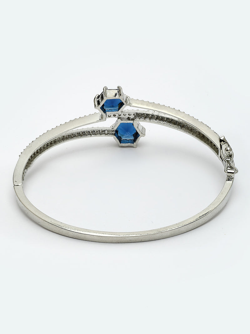 Rhodium Plated with Blue American Diamond Studded Sleek Design Kada Bracelet