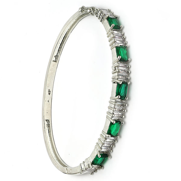 Rhodium Plated Silver Toned Green & White American Diamond Studded Bracelet