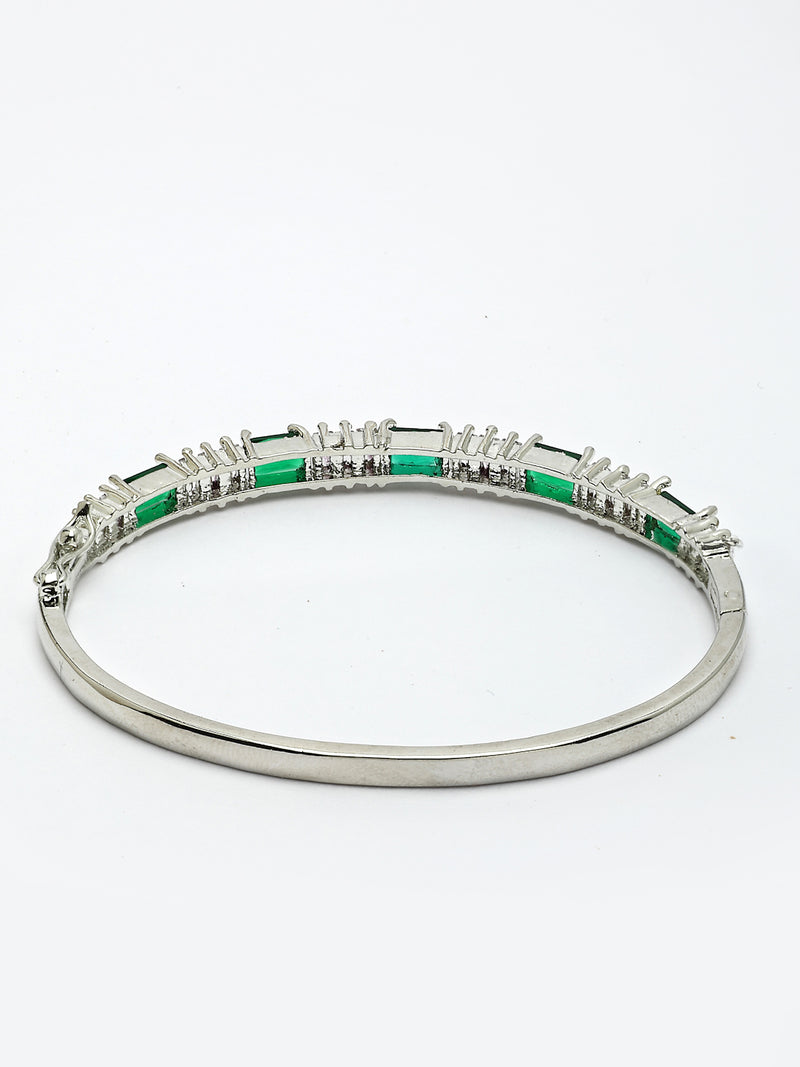 Rhodium Plated with Green & White American Diamond Studded Kada Bracelet