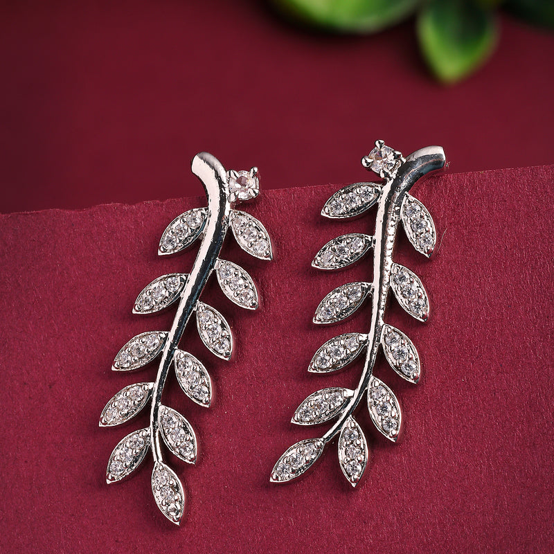 Rhodium Plated Silver Toned Leaf Shaped American Diamond Studded Ear Climber Earrings