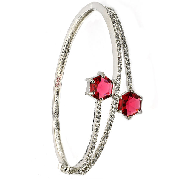Rhodium Plated Silver Toned Round Shaped  Ruby Red American Diamond Studded  Bracelet