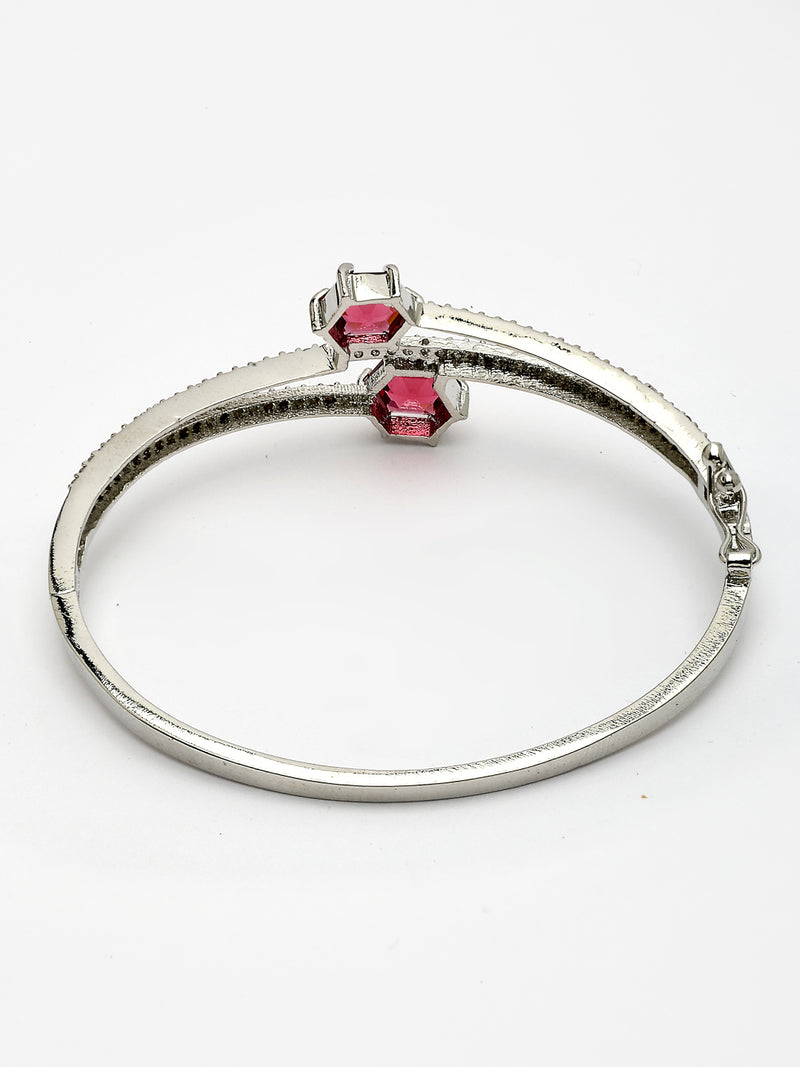 Rhodium Plated with Red American Diamond Studded Sleek Design Kada Bracelet