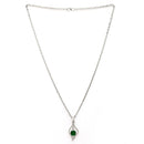Rhodium Plated Silver Toned Green American Diamond Studded Leaf Shaped Pendant With Chain