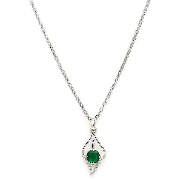 Rhodium Plated Silver Toned Green American Diamond Studded Leaf Shaped Pendant With Chain