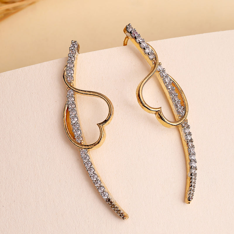 Gold Plated Heart Shaped American Diamond Studded Ear Climber Earrings