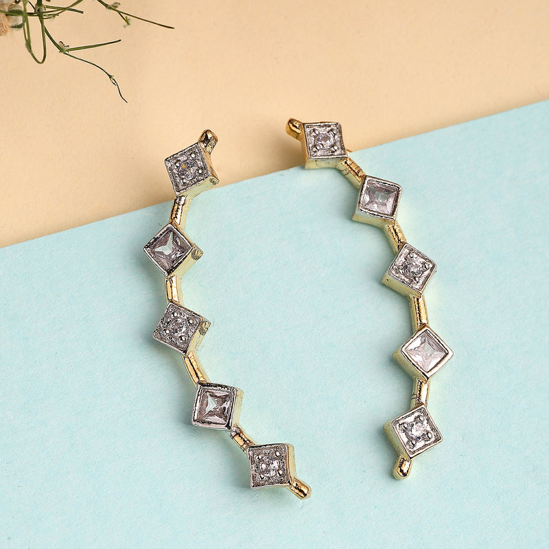 Gold Plated Square Shaped American Diamond Studded Ear Climber Earrings