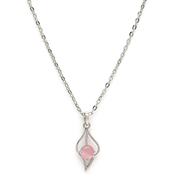 Rhodium Plated Silver Toned Pink American Diamond Studded Leaf Shaped Pendant With Chain