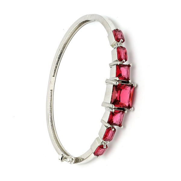 Rhodium Plated Silver Toned Square Shaped Red American Diamond Studded Bracelet