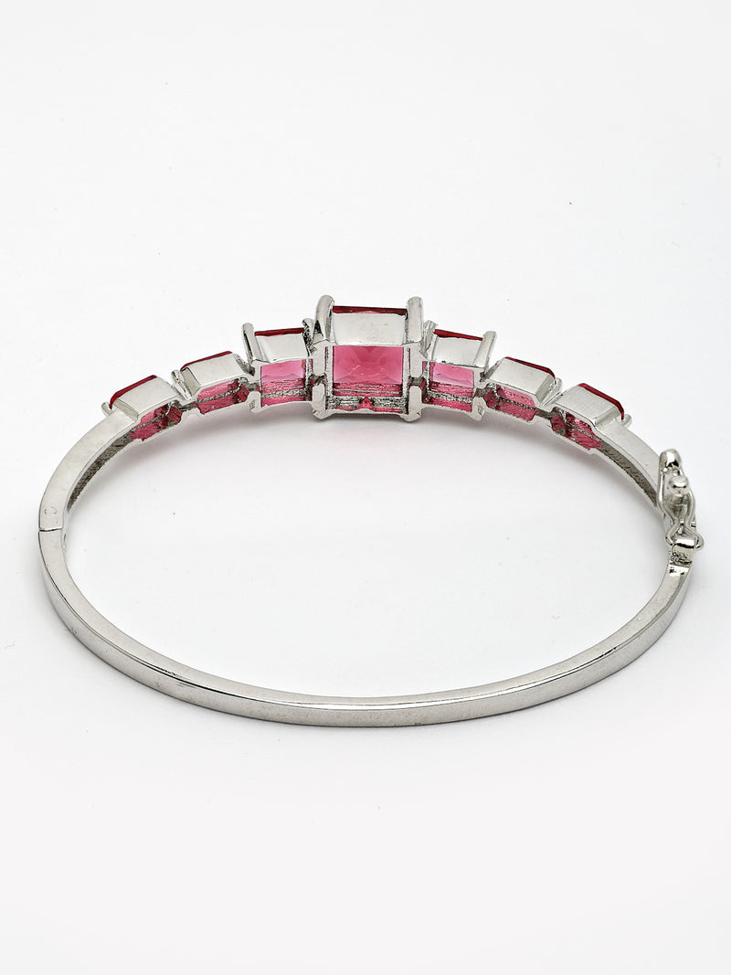 Rhodium Plated with Square Shaped Red American Diamond Studded Kada Bracelet