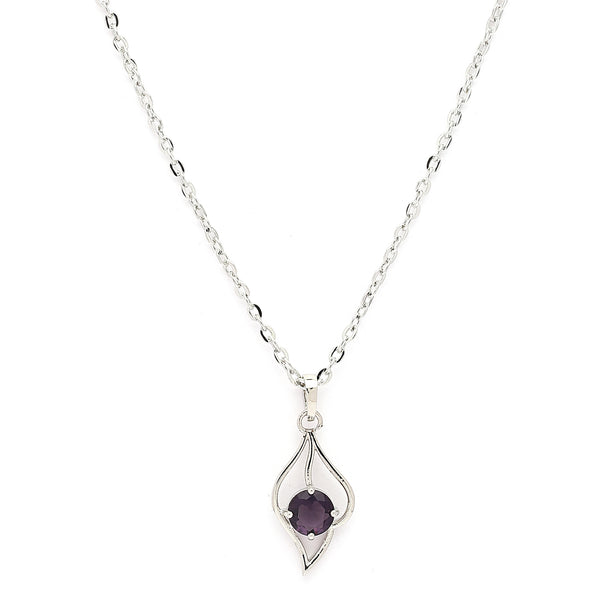 Rhodium Plated Silver Toned Purple American Diamond Studded Leaf Shaped Pendant With Chain