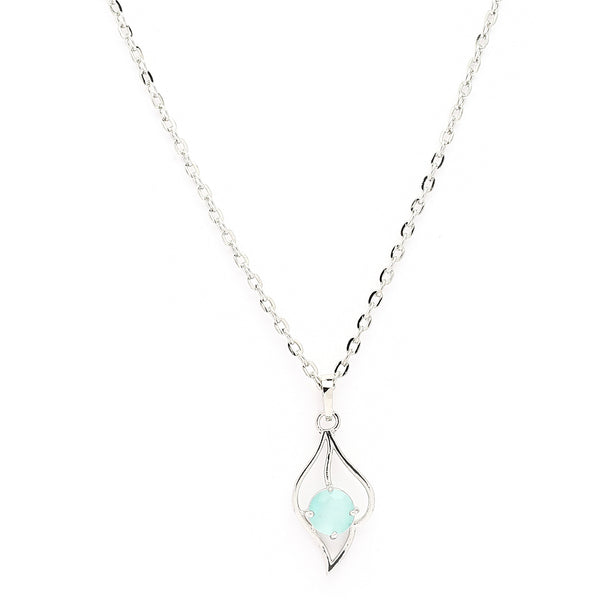 Rhodium Plated Silver Toned Sea Green American Diamond Studded Leaf Shaped Pendant With Chain