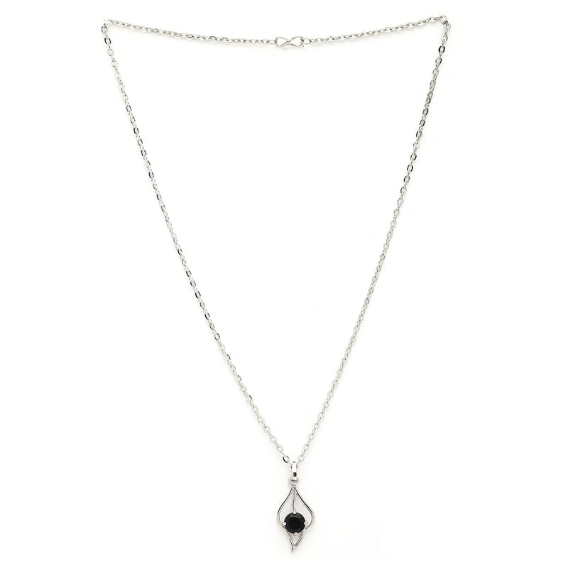 Rhodium Plated Silver Toned Blue American Diamond Studded Leaf Shaped Pendant With Chain