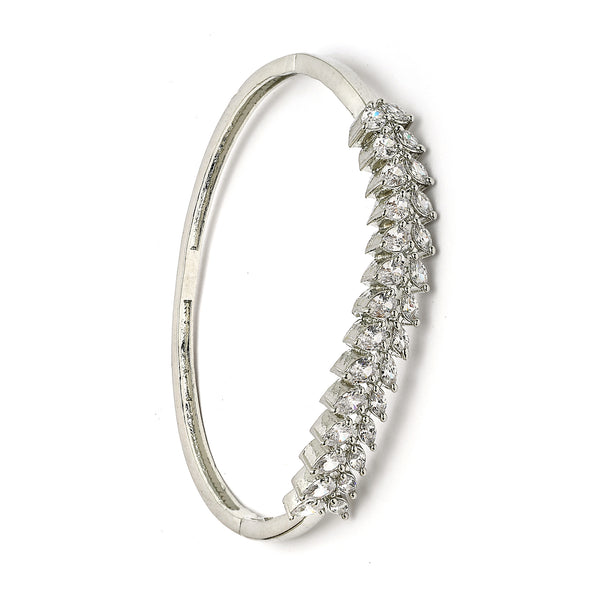 Rhodium Plated Silver Toned Leaf Shaped White  American Diamond Studded Bracelet
