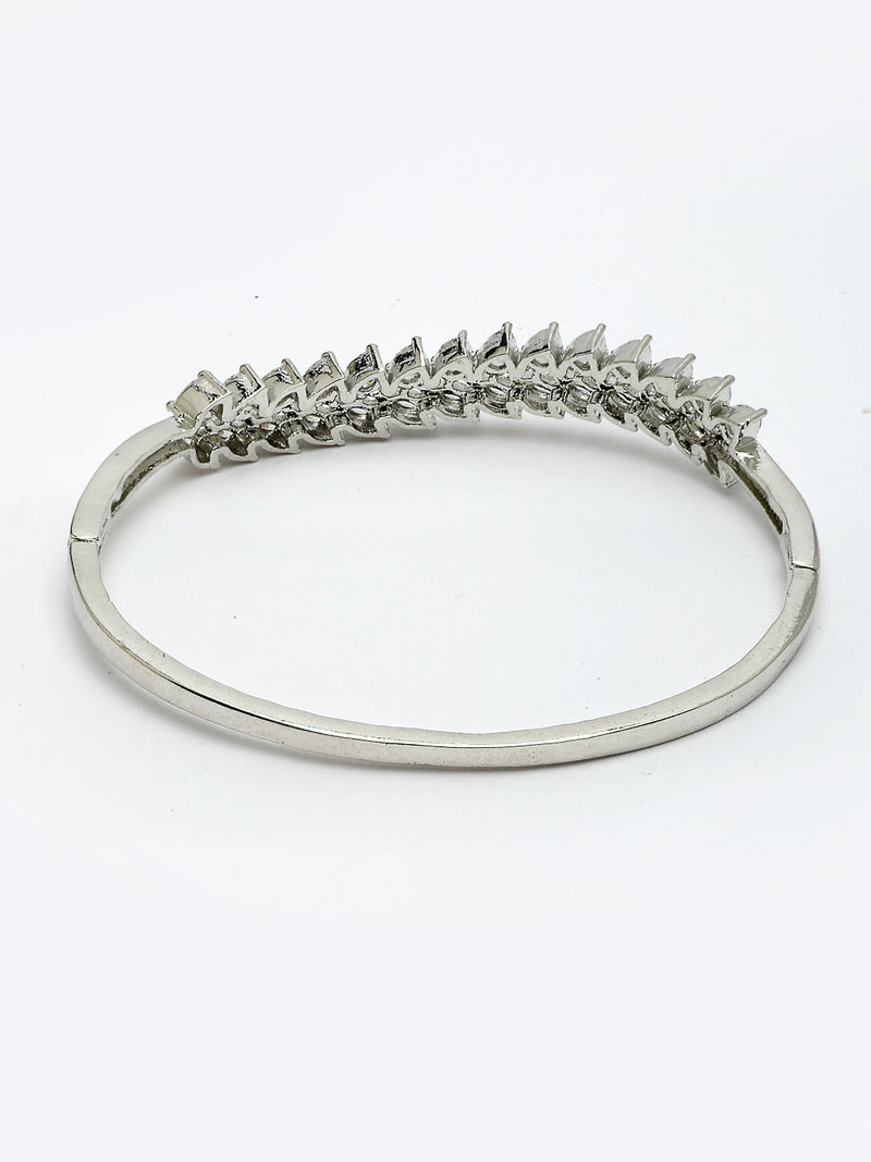 Rhodium Plated Silver Toned Leaf Shaped White  American Diamond Studded Bracelet