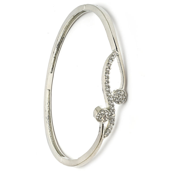 Rhodium Plated Silver Toned Twisted White American Diamond Studded Bracelet