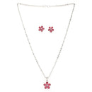 Rhodium Plated Silver Toned Red And White American Diamond Studded Floral Shaped Pendant Set