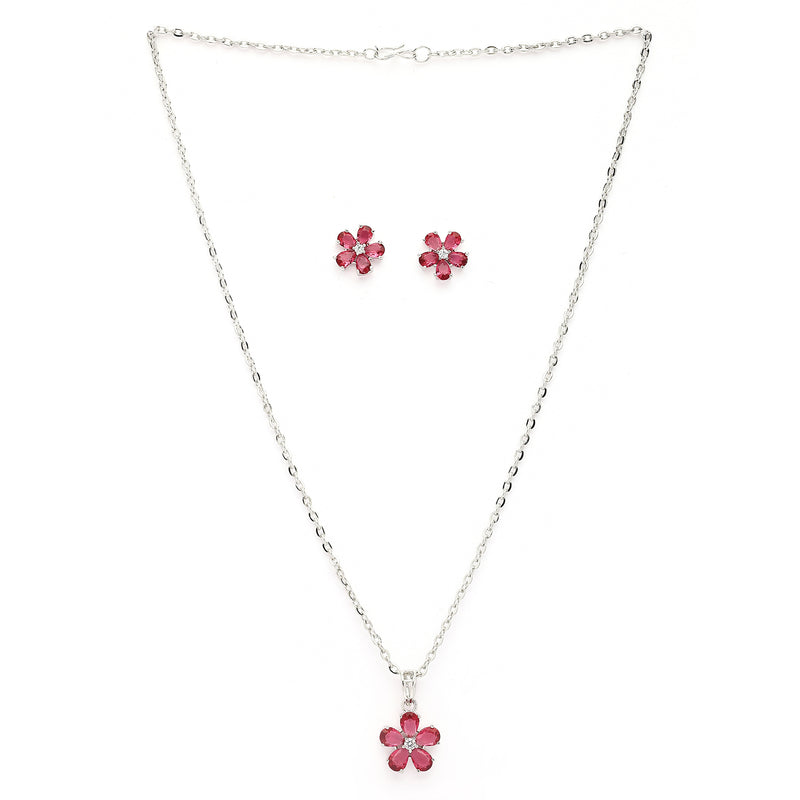 Rhodium Plated Silver Toned Red And White American Diamond Studded Floral Shaped Pendant Set
