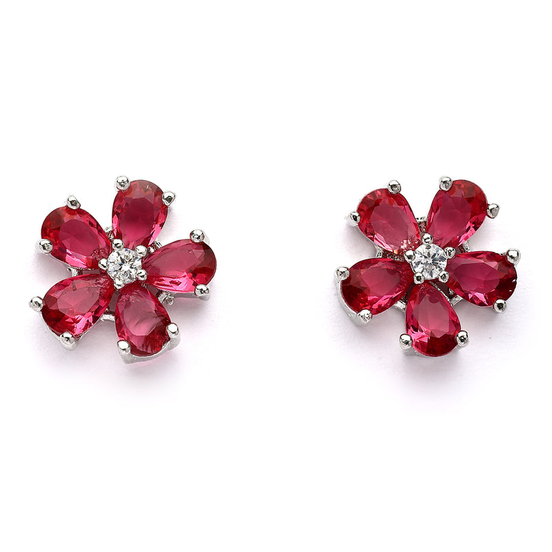 Rhodium Plated Silver Toned Red And White American Diamond Studded Floral Shaped Pendant Set