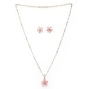 Rhodium Plated Silver Toned Pink American Diamond Studded Floral Shaped Pendant Set