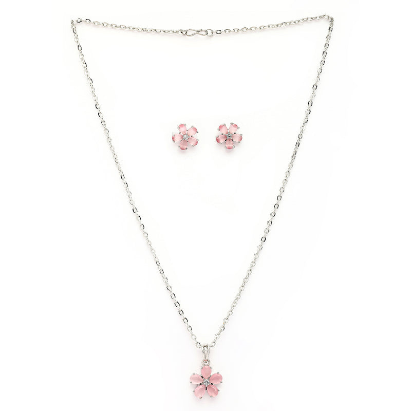 Rhodium Plated Silver Toned Pink American Diamond Studded Floral Shaped Pendant Set