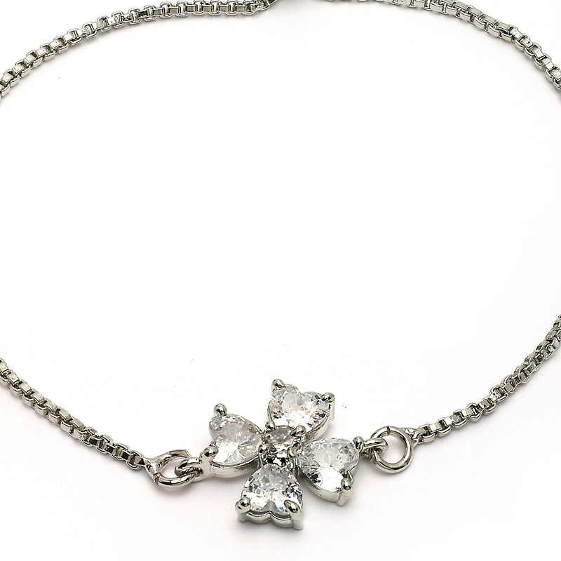 Rhodium Plated Silver Toned Floral White American Diamond Studded Bracelet