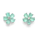 Rhodium Plated Silver Toned  Sea Green And White American Diamond Studded Floral Shaped Pendant set
