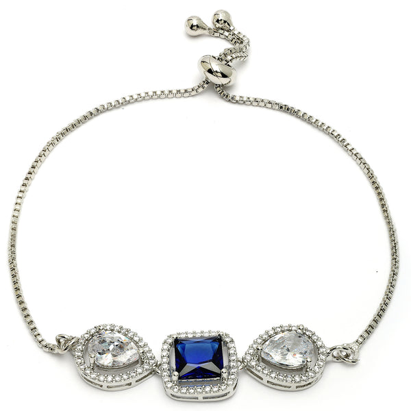 Rhodium Plated Silver Toned Royal Blue American Diamond Studded Bracelet