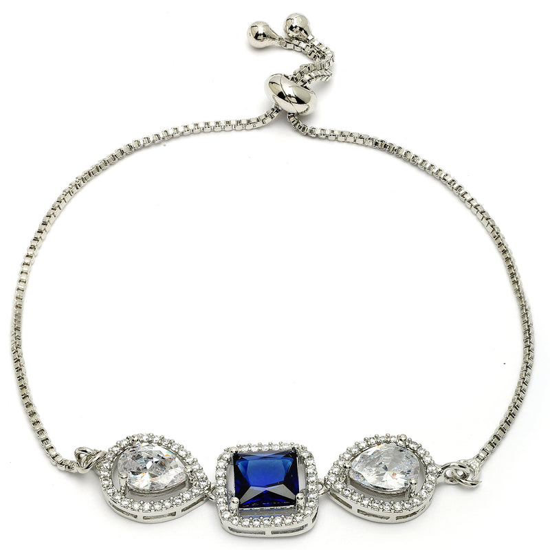 Rhodium Plated Silver Toned Royal Blue American Diamond Studded Bracelet