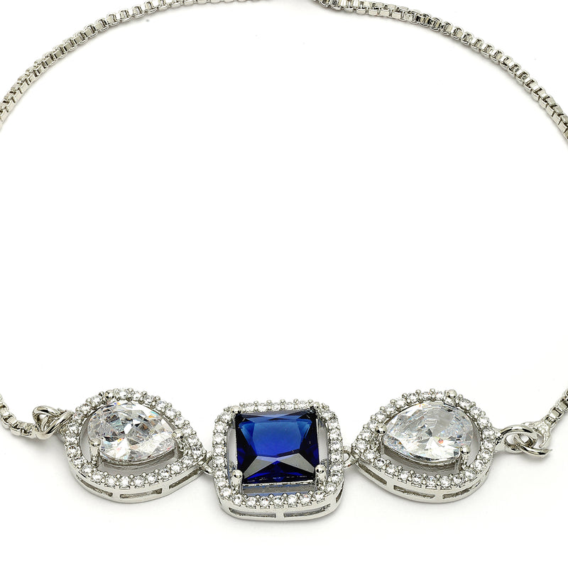 Rhodium Plated Silver Toned Royal Blue American Diamond Studded Bracelet