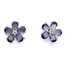 Rhodium Plated Silver Toned Purple And White American Diamond Studded Floral Shaped Pendant set