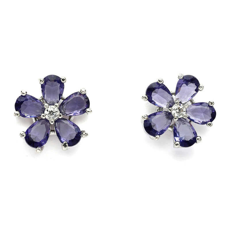 Rhodium Plated Silver Toned Purple And White American Diamond Studded Floral Shaped Pendant set