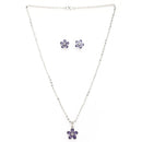Rhodium Plated Silver Toned Purple And White American Diamond Studded Floral Shaped Pendant set