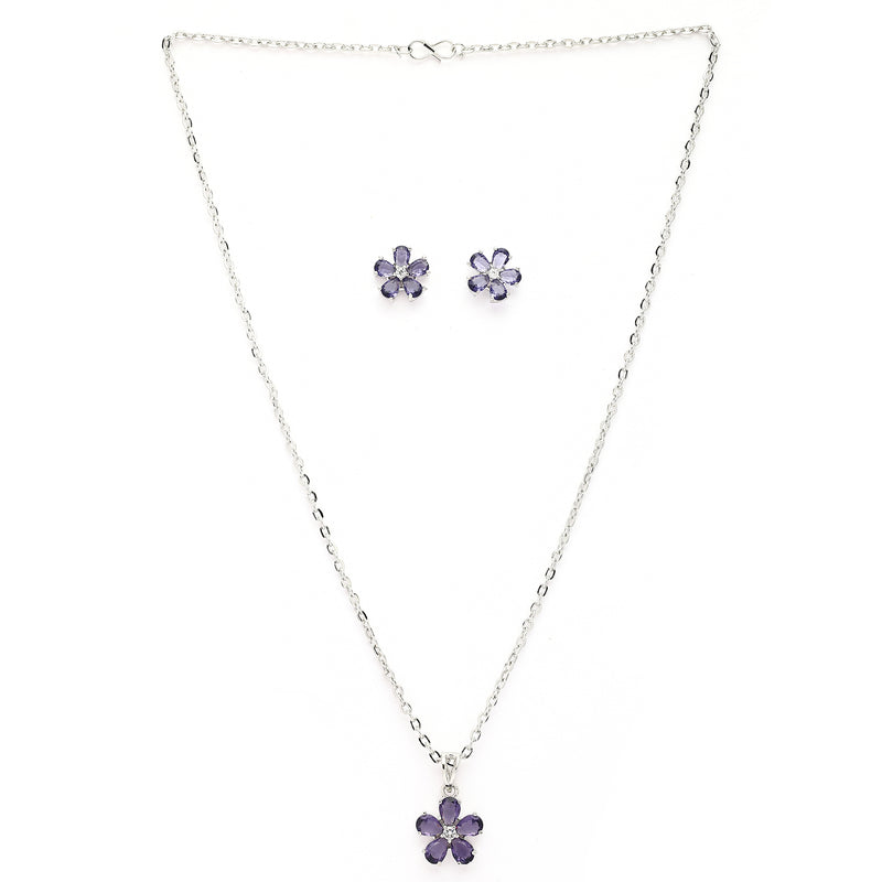 Rhodium Plated Silver Toned Purple And White American Diamond Studded Floral Shaped Pendant set