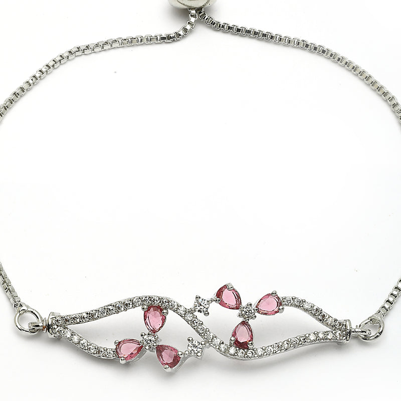 Rhodium Plated Silver Toned Floral Ruby Red American Diamond Studded Bracelet