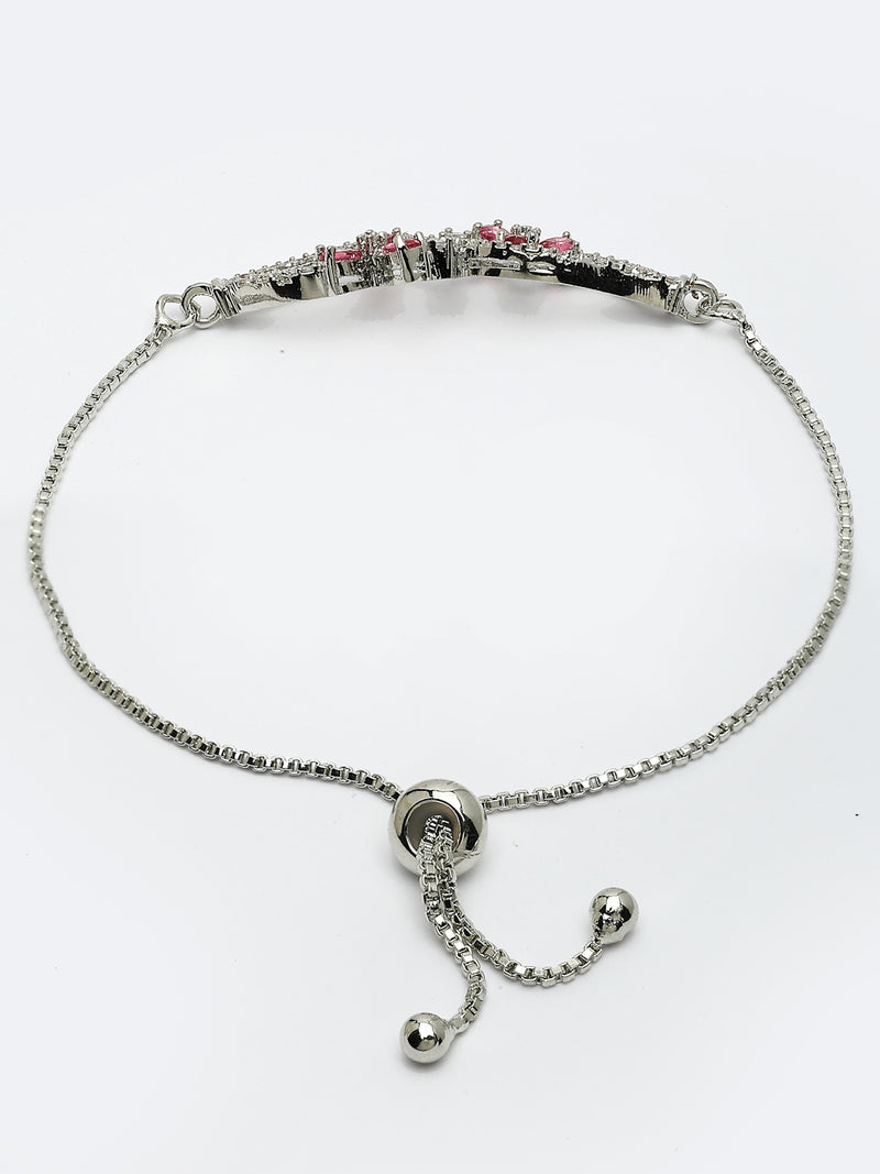 Rhodium Plated with Red American Diamond Studded Curved & Floral Design Bracelet