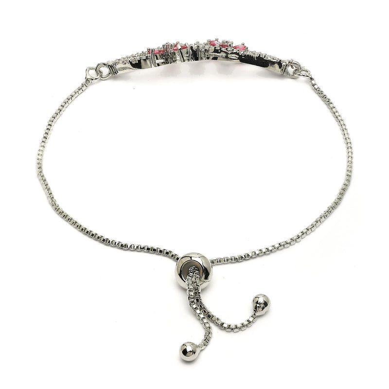 Rhodium Plated Silver Toned Floral Ruby Red American Diamond Studded Bracelet