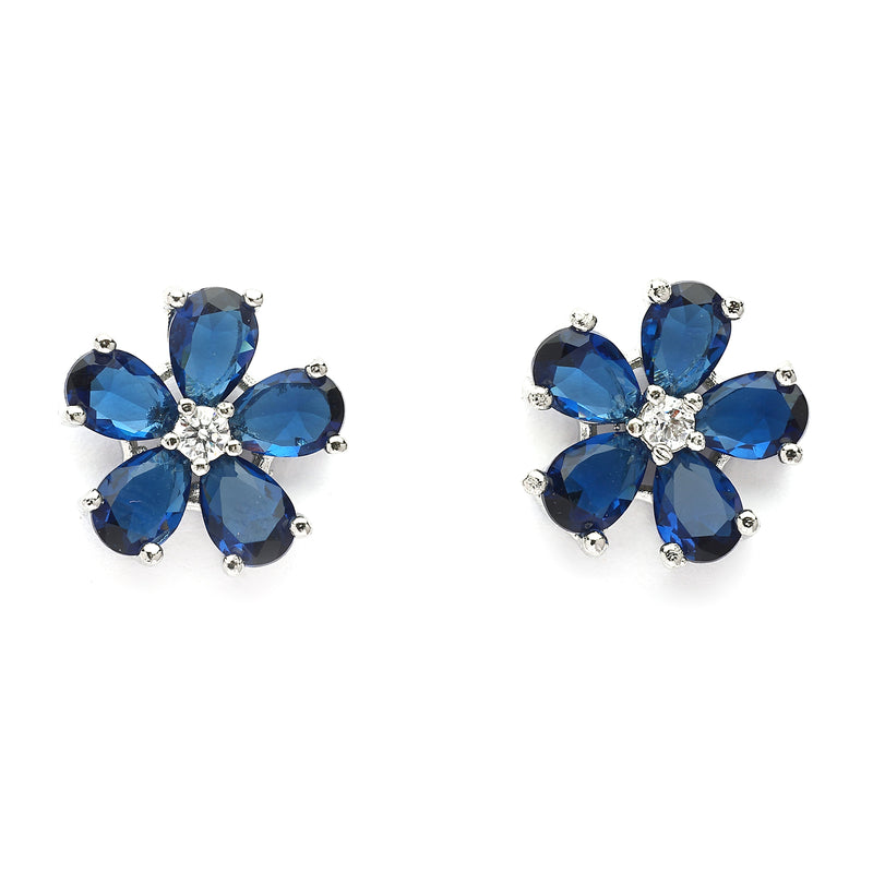 Rhodium Plated Silver Toned Blue And White American Diamond Studded Leaf Shaped Pendant With Chain