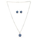 Rhodium Plated Silver Toned Blue And White American Diamond Studded Leaf Shaped Pendant With Chain