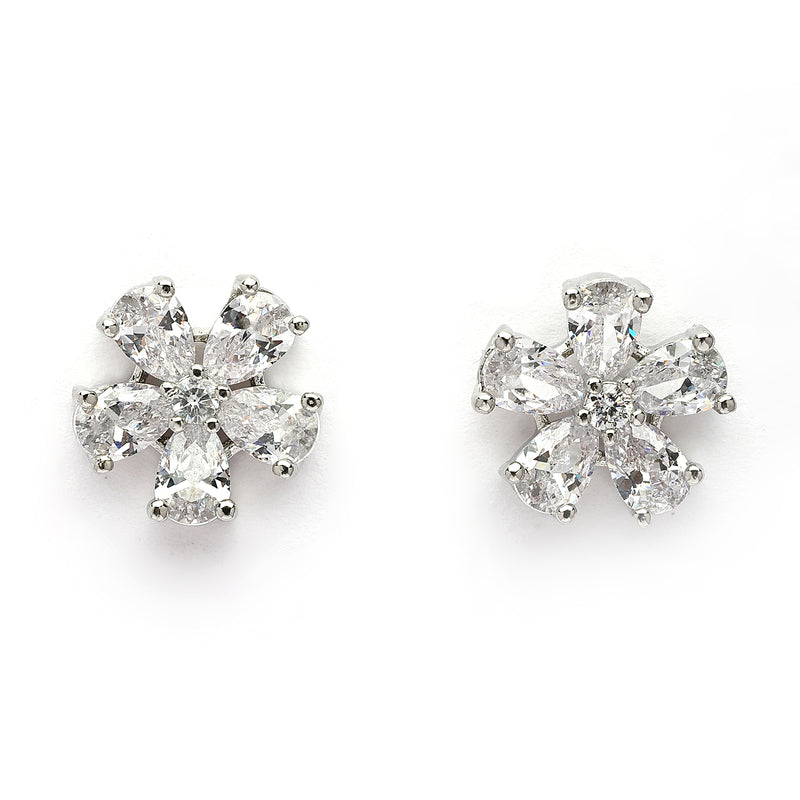 Rhodium Plated Silver Toned White American Diamond Studded Floral Shaped Pendant set