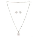 Rhodium Plated Silver Toned White American Diamond Studded Floral Shaped Pendant set