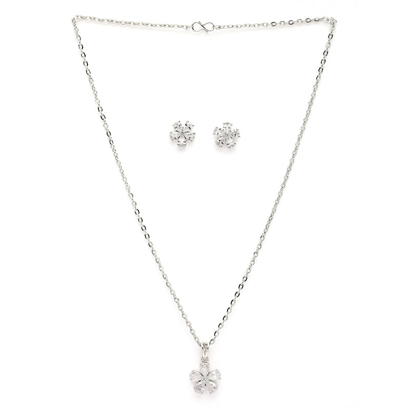 Rhodium Plated Silver Toned White American Diamond Studded Floral Shaped Pendant set