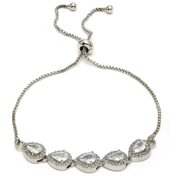 Rhodium Plated Silver Toned Teardrop Shaped White American Diamond Studded Bracelet