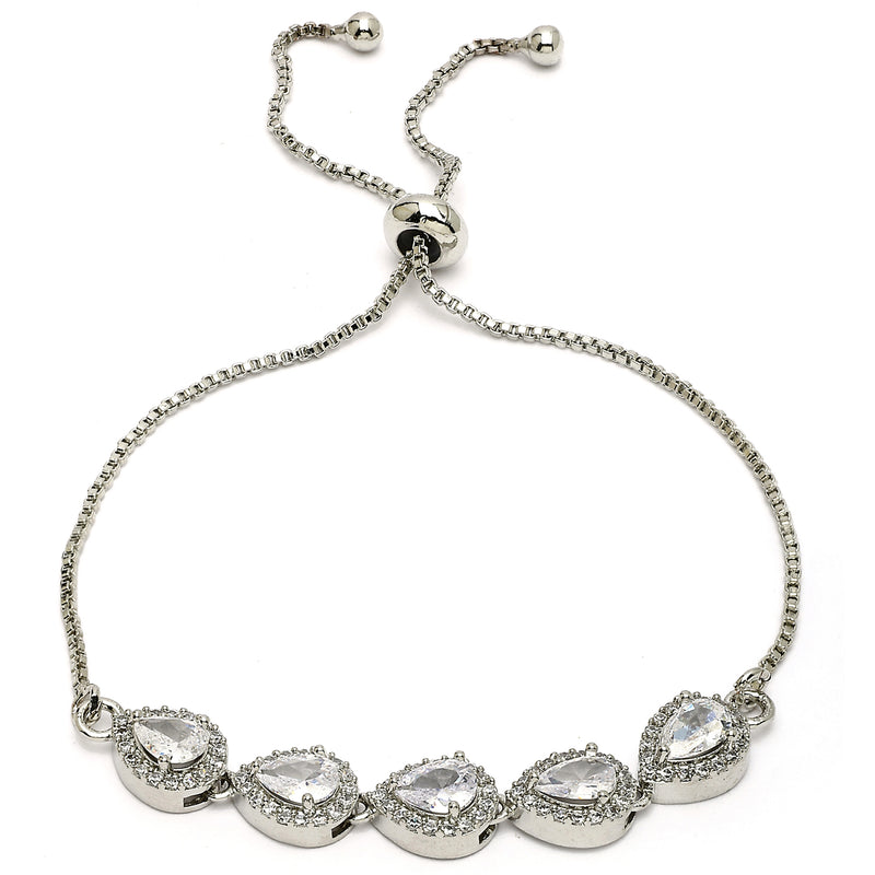 Rhodium Plated Silver Toned Teardrop Shaped White American Diamond Studded Bracelet