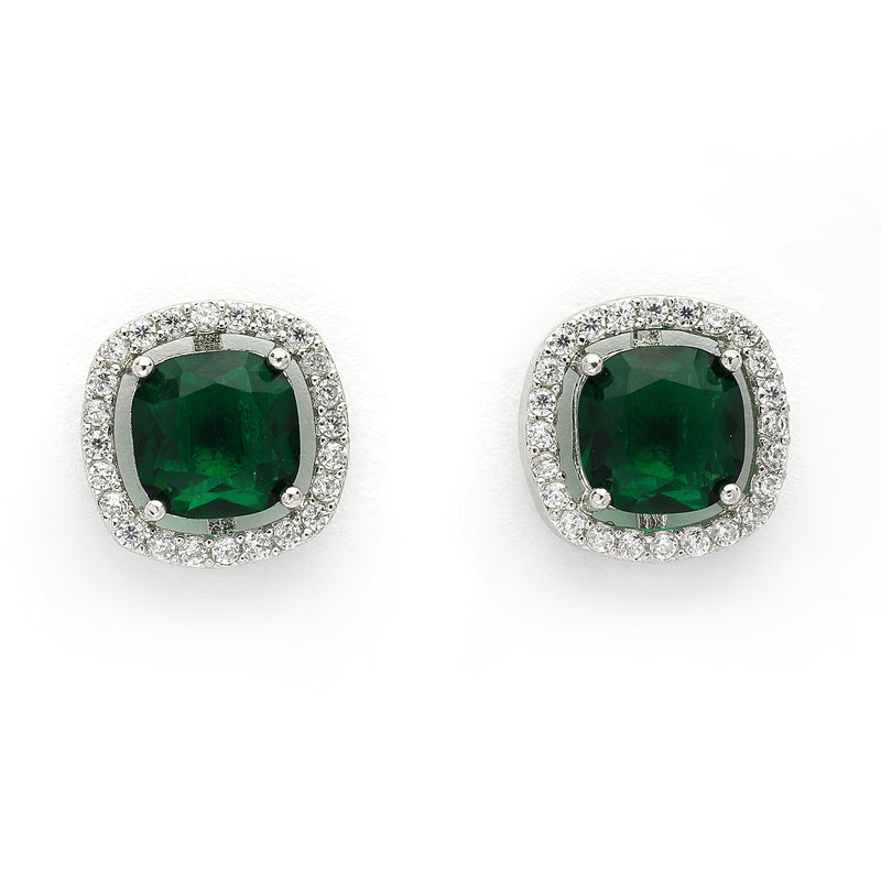 Rhodium Plated Silver Toned Green And White American Diamond Studded Square Shaped Pendant Set