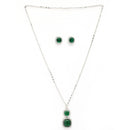 Rhodium Plated Silver Toned Green And White American Diamond Studded Square Shaped Pendant Set
