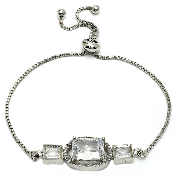 Rhodium Plated Silver Toned Rectangular White American Diamond Studded Bracelet