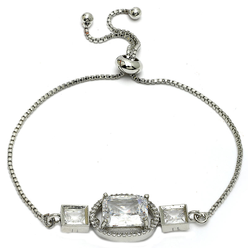 Rhodium Plated Silver Toned Rectangular White American Diamond Studded Bracelet