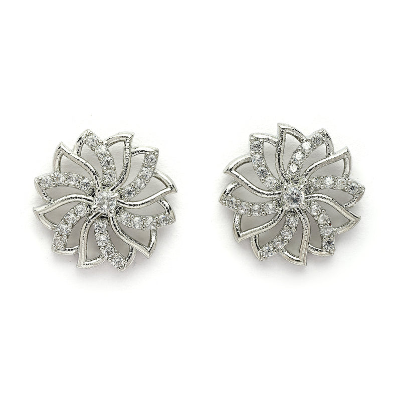 Rhodium Plated Silver Toned White Cubic Zirconia Studded Floral Shaped Pendant Set